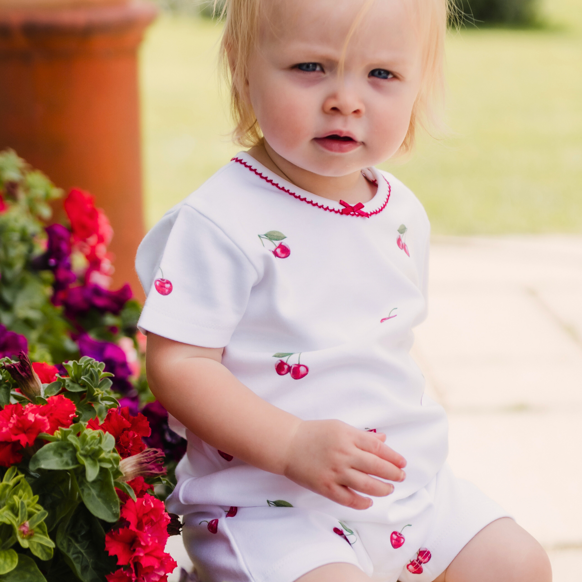 Bamboo and Organic Cotton Romper Cherry Romper – Rosa and Blue