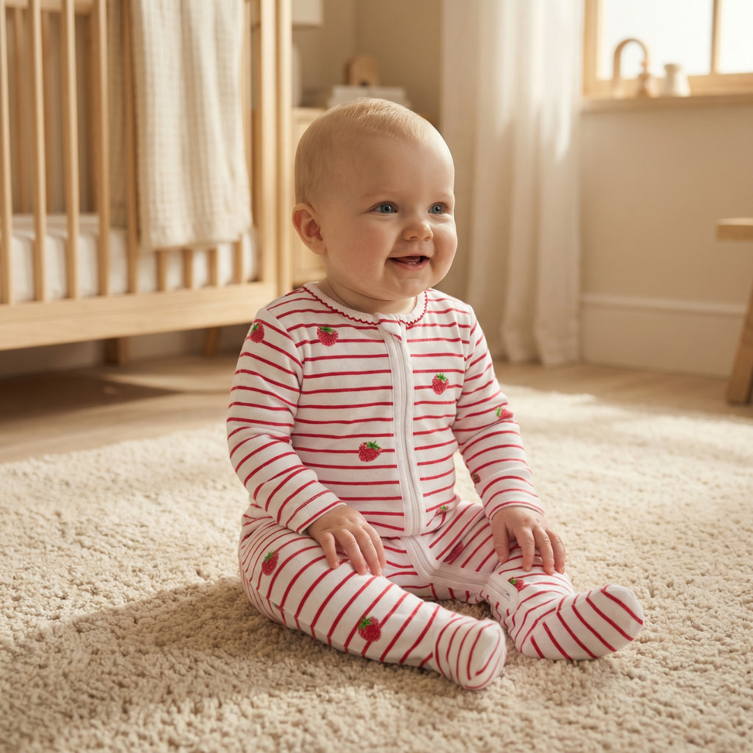 Baby Raspberry Print Raspberry Stripe Print Bamboo Baby Sleepsuit – Rosa and Blue