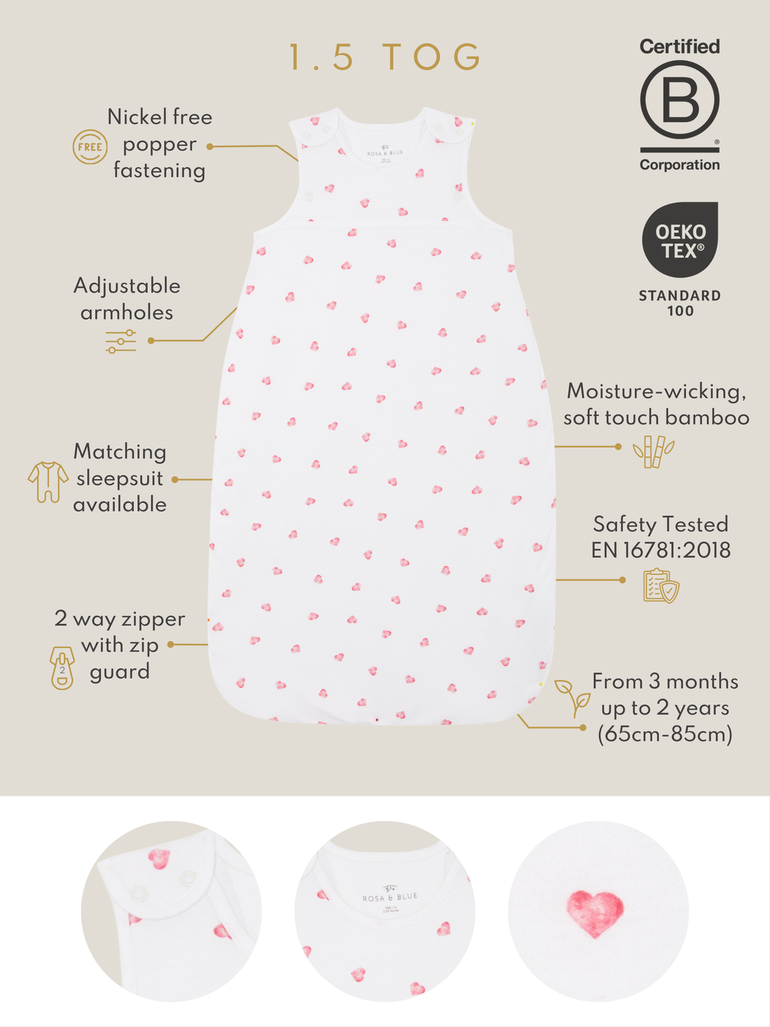 Sleeping Bag 1.5 TOG - Pink Heart