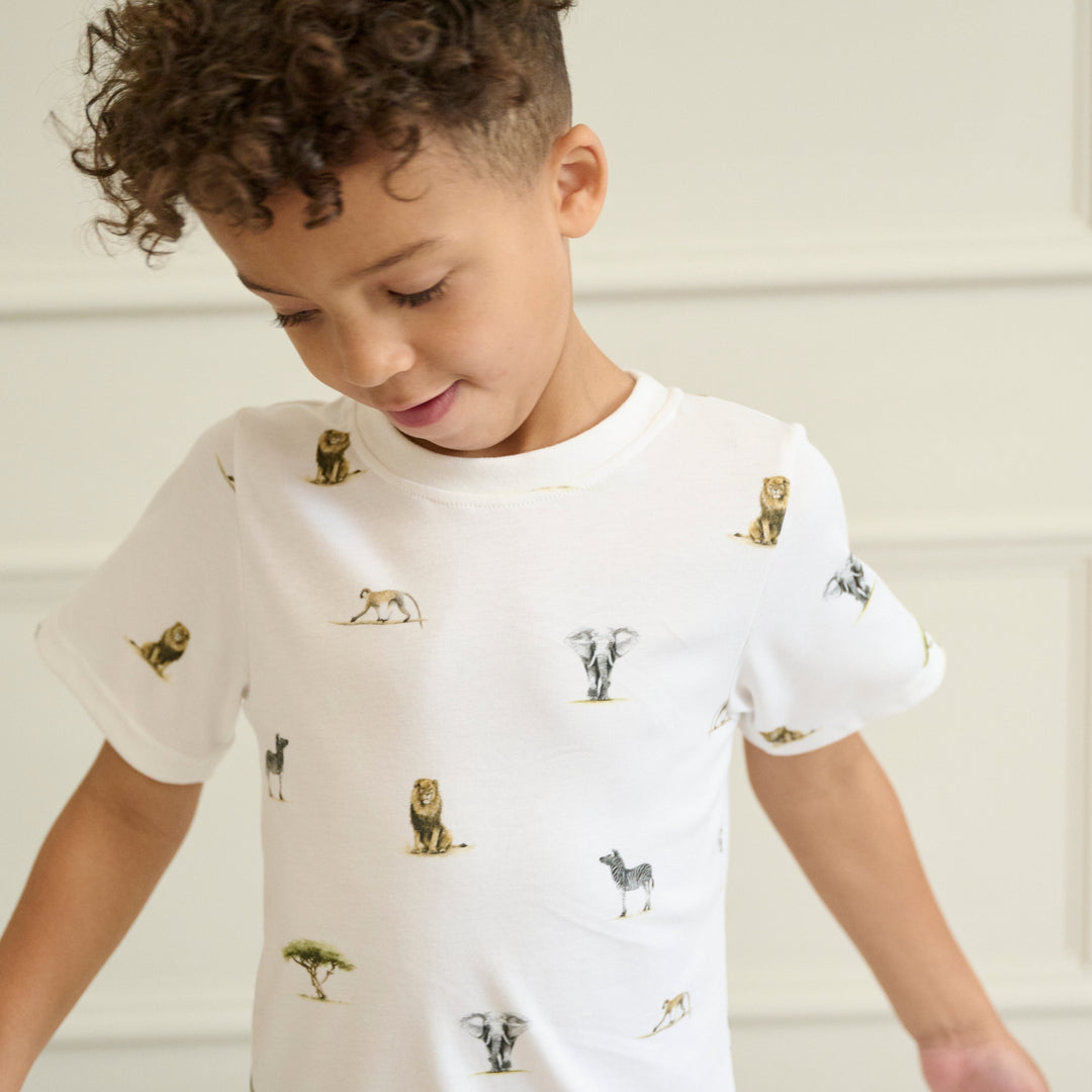 bamboo & organic cotton childrens summer short pyjamas in safari animals